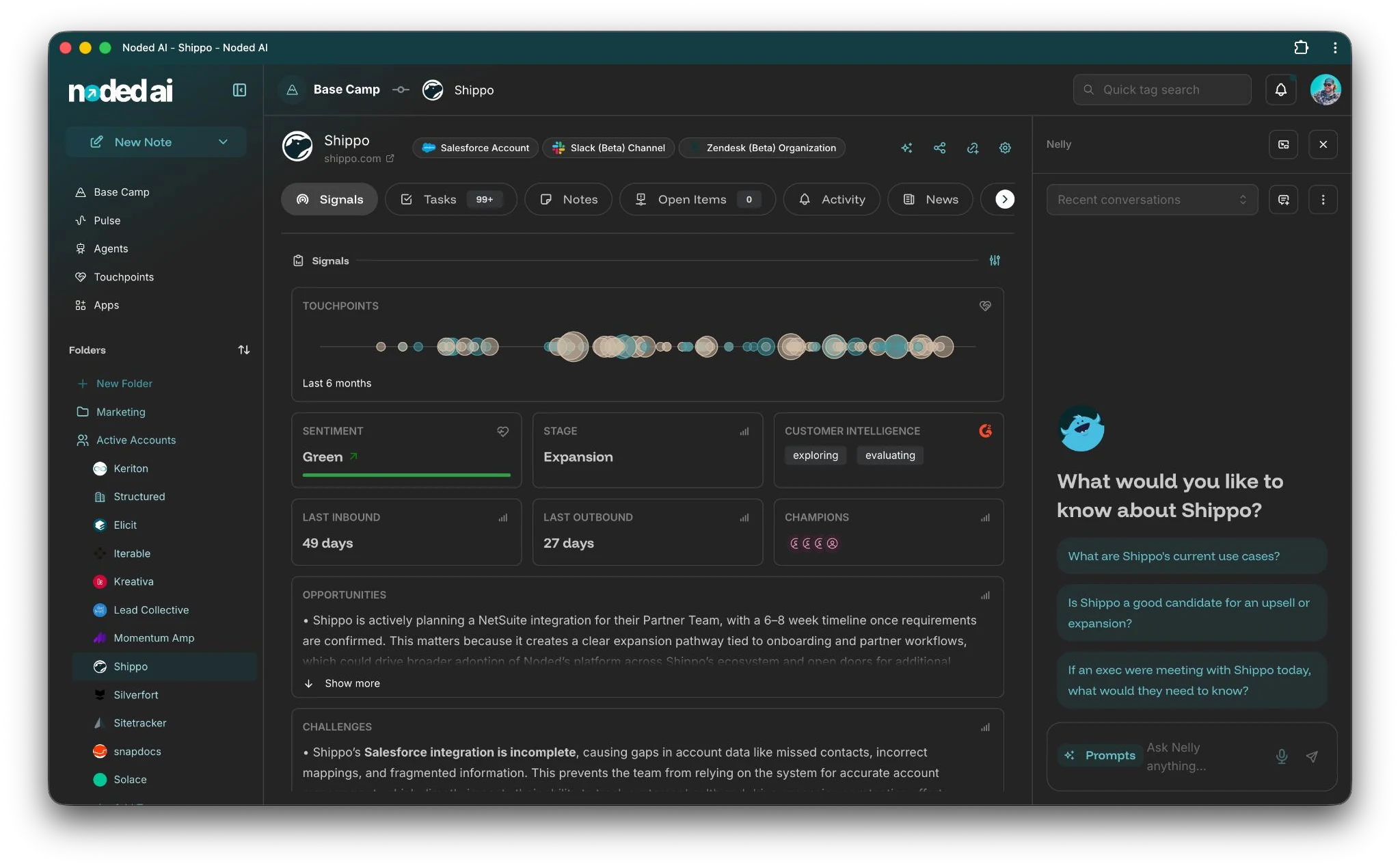 The Noded workspace on Friday: an account page with touchpoints over the last six months, sentiment, stage, champions, opportunities and challenges, and the assistant ready to answer questions about the account.